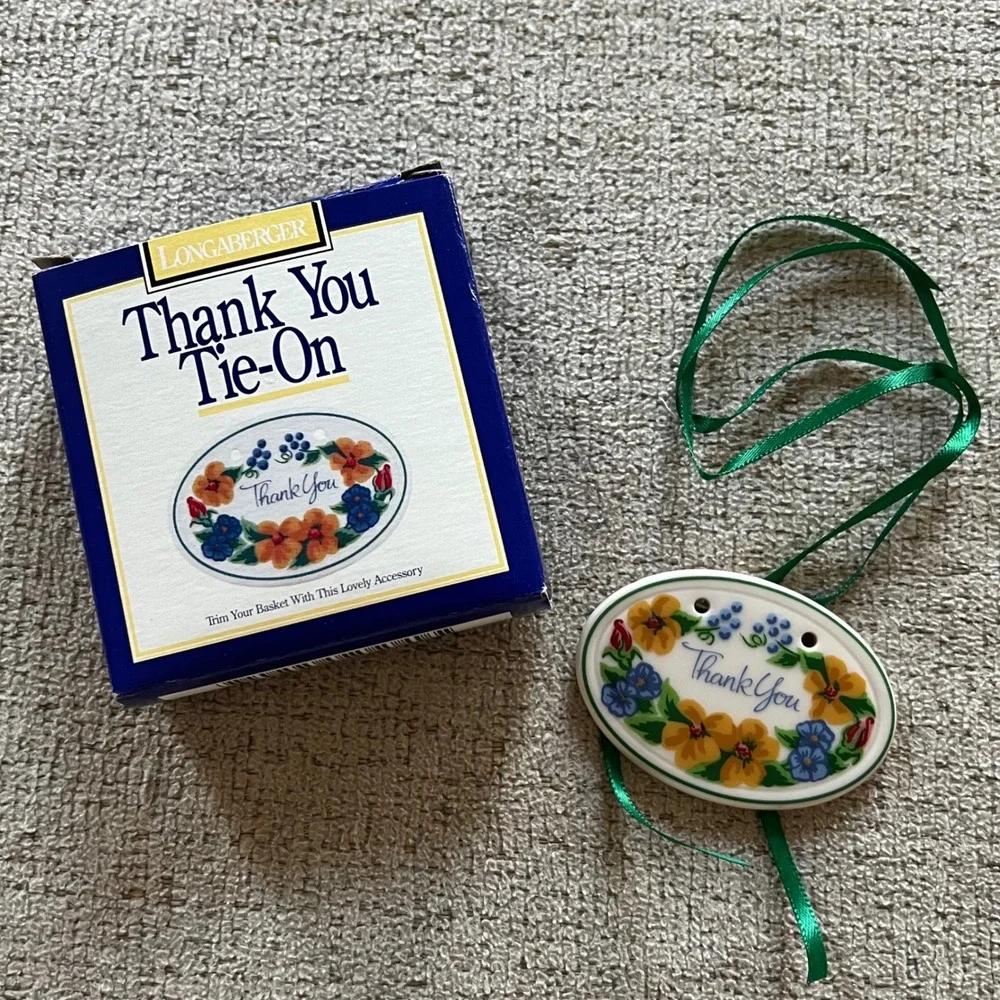 Longaberger Thank You Tie-On Basket Accessory Floral Ceramic Charm with Box